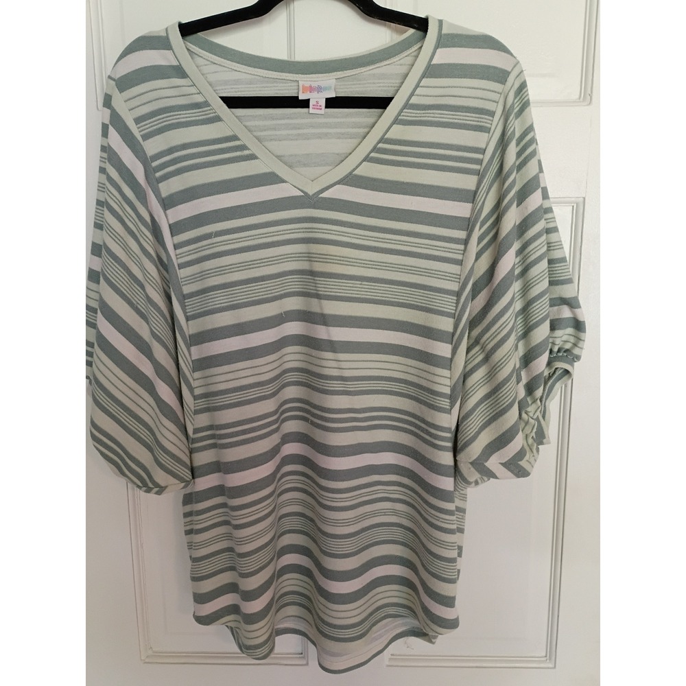 LuLaRoe Irma Tunic Top Womens Small Green White Striped V-Neck Dolman Sleeve